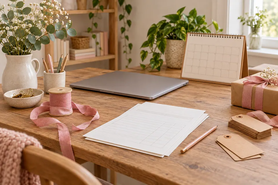 A small home-business desk with a laptop, planning pages, and paper crafts