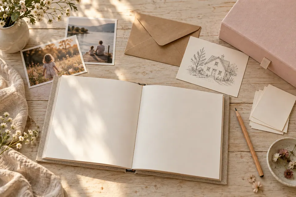A scrapbook, photo prints, blank note cards, and a keepsake envelope