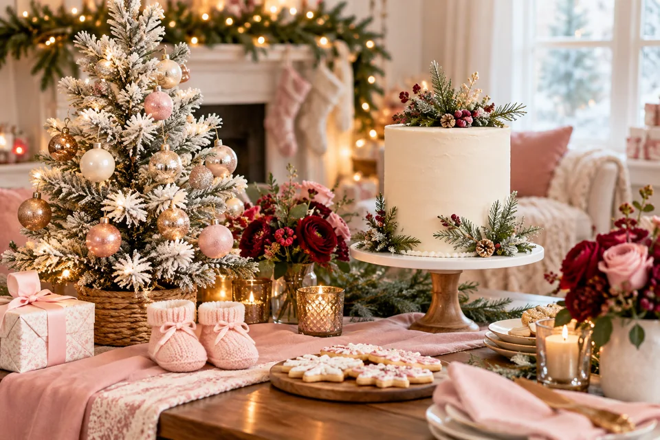 A pink Christmas baby shower with a small frosted tree, baby booties and a festive cake.
