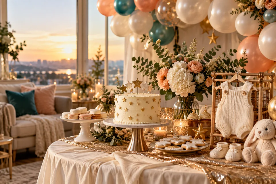 Pearlescent balloons, a knitted baby romper and star decorations at a New Year baby shower.