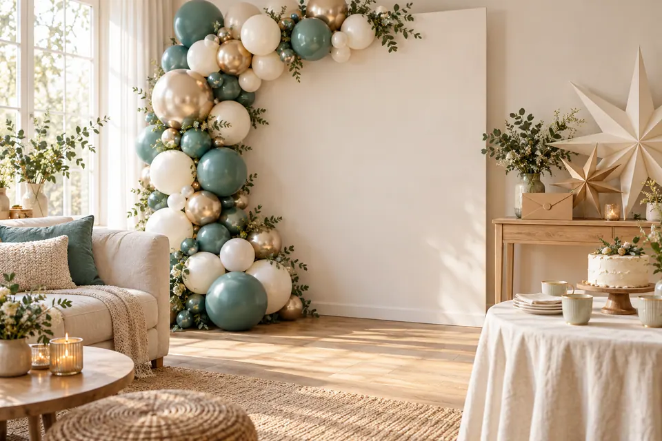 A daytime celebration with a secured balloon garland and a memory envelope
