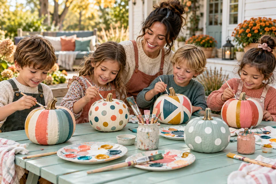 A family decorating pumpkins with colorful painted stripes and polka dots.