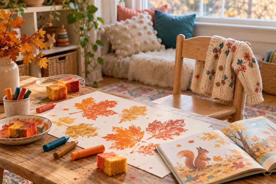 Autumn leaf art, chunky crayons and a picture book set out for a toddler activity.