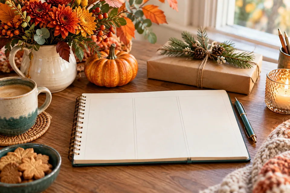 Seasonal planning notes beside a pumpkin, autumn leaves and a pine-sprig gift.