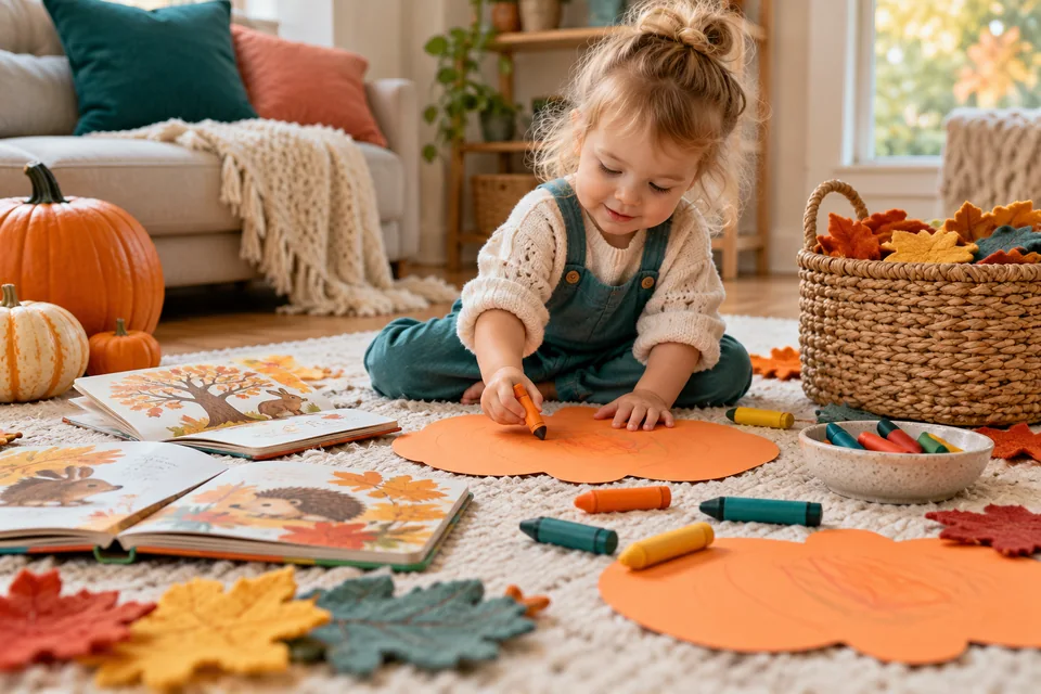 Chunky crayons, paper pumpkins, board books and soft leaves ready for toddler play.
