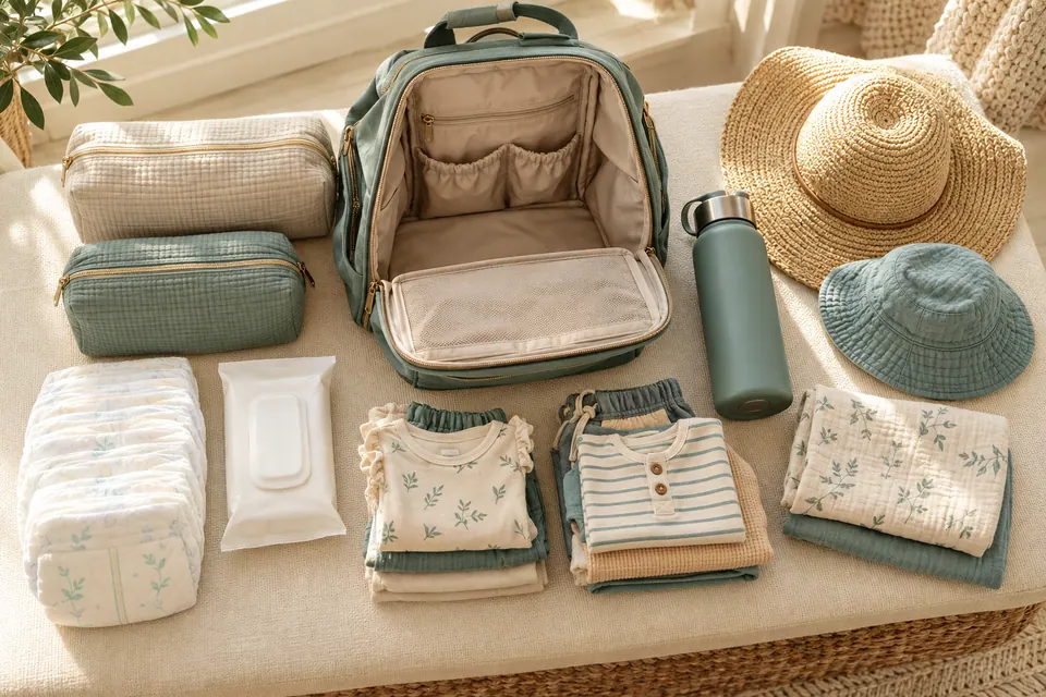 An open backpack with separate pouches, spare clothes, wipes, and sun hats