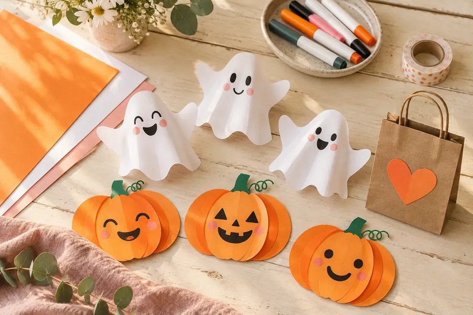 Friendly paper ghosts, pumpkin portraits, and a small kraft gift bag