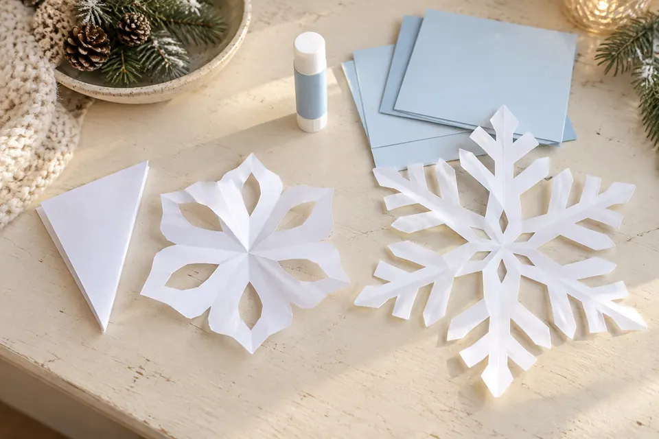 Folded paper and opened paper snowflakes beside blank wishes cards