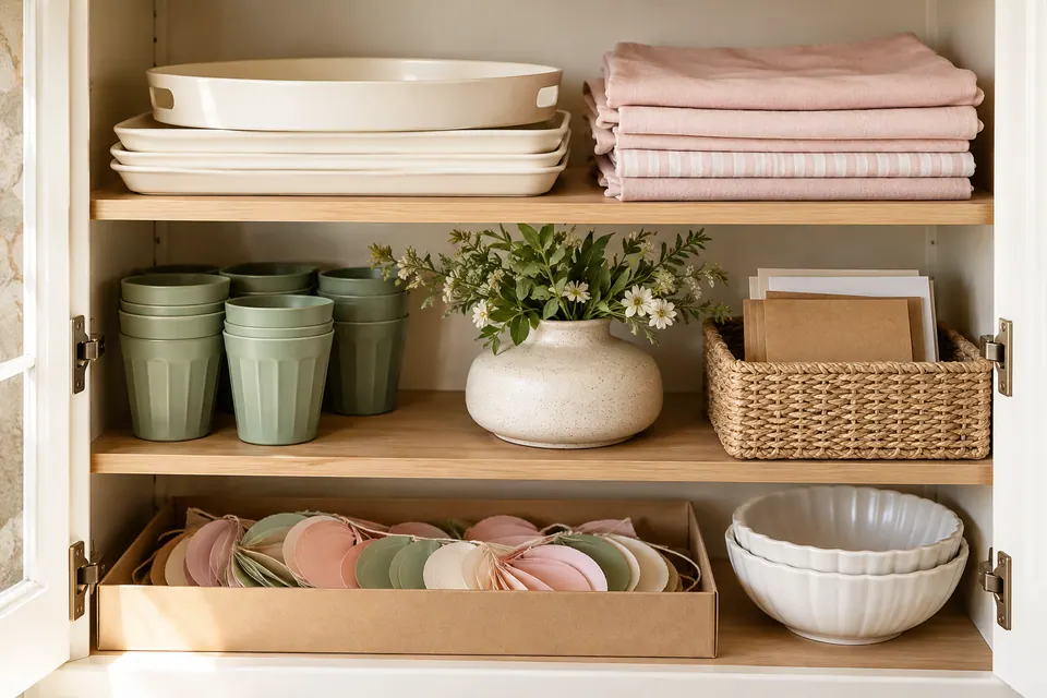 Reusable serving pieces, linens, blank cards, and folded decorations in a cupboard