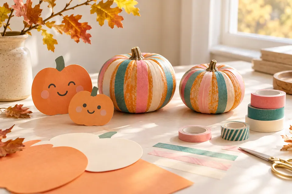 Small pumpkins decorated with paper tape beside paper pumpkin faces