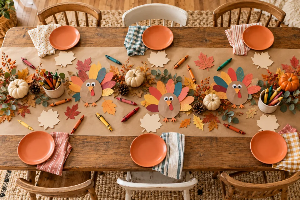 A children’s Thanksgiving table with a kraft paper runner, crayons and colorful paper turkeys.