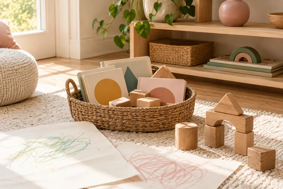 A calm play corner with board books, large blocks, and drawing paper