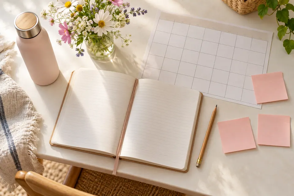 An open notebook, blank calendar grid, sticky notes, and a pencil