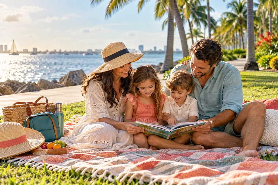 Sun hats, a children’s book and picnic supplies beside a palm-lined waterfront park.