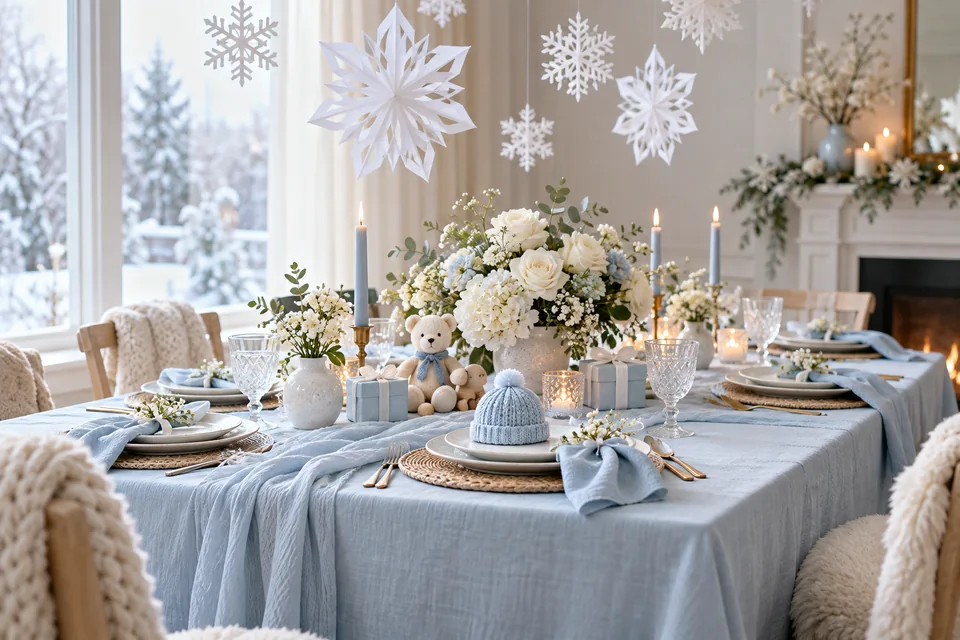 An icy-blue baby shower table with paper snowflakes, white flowers and a knitted hat.