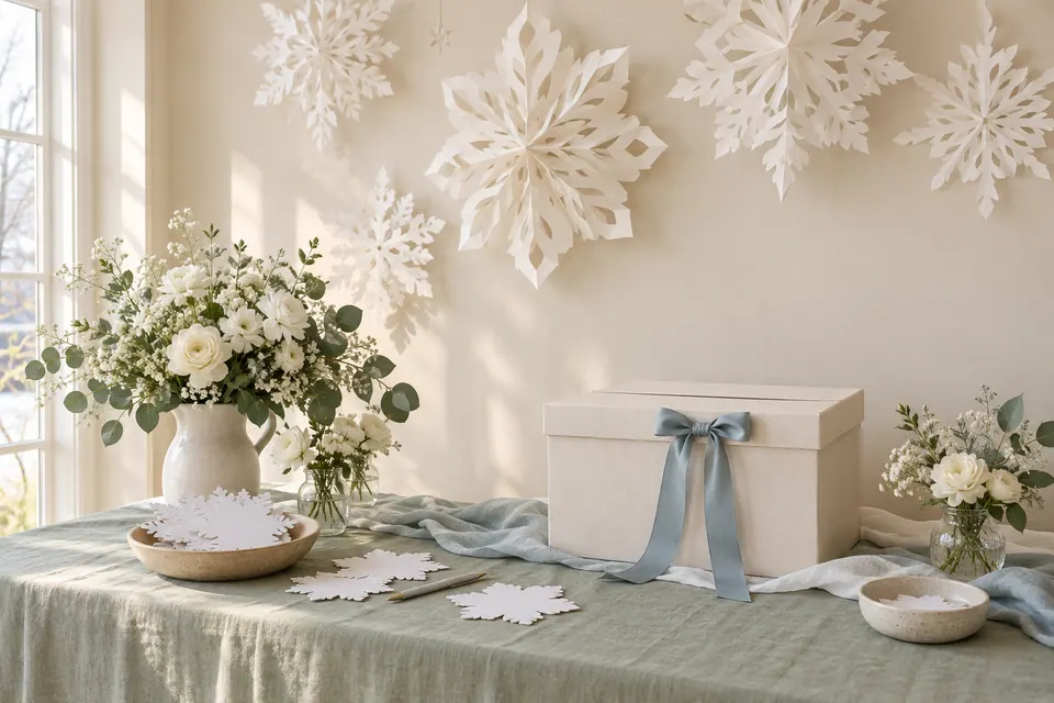 A winter shower table with large paper snowflakes and wishes cards
